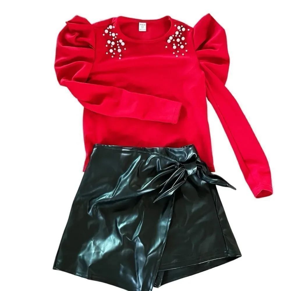SHEIN Kids Ruffle Blouse and Faux Patent Leather Skort Occasion Outfit 10 NWOT